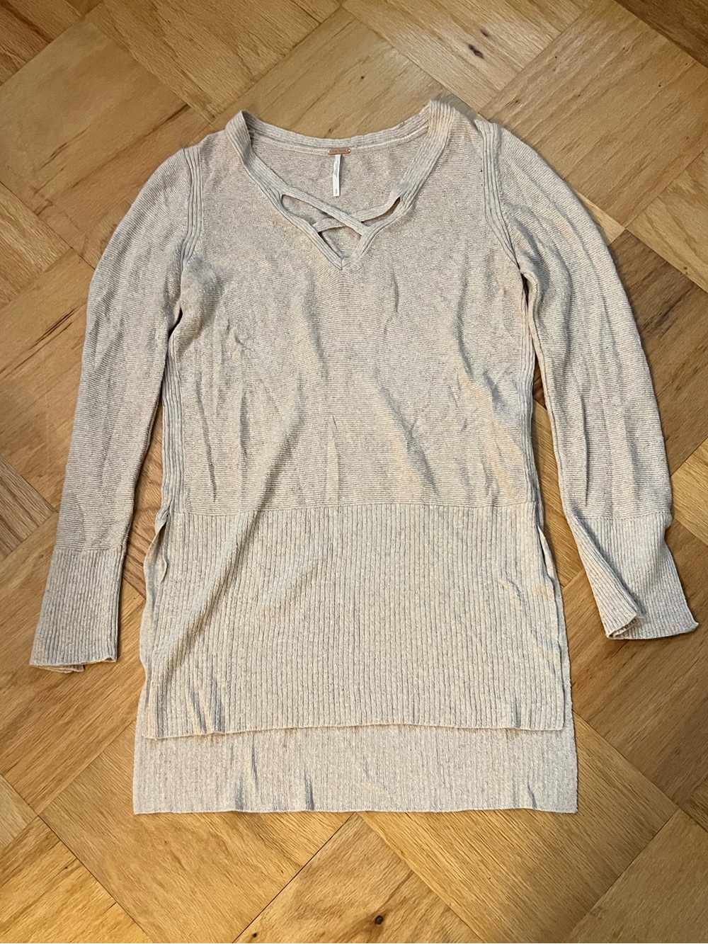 Free People Beige Crisscross V-Neck Tunic Sweater